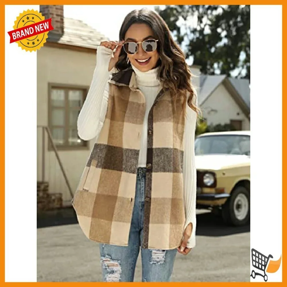 Women's Flannel Plaid Vest Sleeveless Button Down Shirt Jacket Pockets
